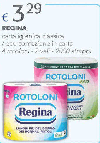 Acqua & Sapone REGINA carta igienica classica /eco confezione in carta 4 rotoloni - 2 veli - 2000 strappi offerta