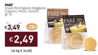 Prezzemolo e Vitale PARE' Snack Parmigiano Reggiano Classico, Pesto, Tartufo gr 72 offerta