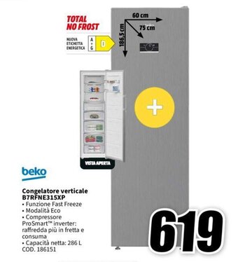 MediaWorld beko Congelatore verticale B7RFNE315XP offerta