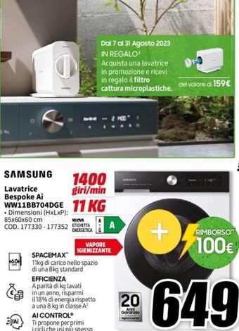 MediaWorld SAMSUNG Lavatrice Bespoke Ai ww11BB704DGE offerta