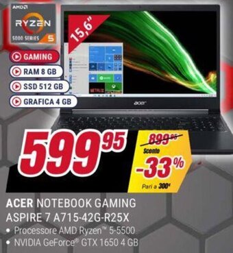 ACER NOTEBOOK GAMING ASPIRE 7 A715-42G-R25X Processore AMD Ryzen™ 5-5500 NVIDIA GeForce® GTX 1650 4 GB