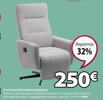 JYSK POLTRONA RECLINABILE BREMDAL L68 x H111 x P78 cm offerta