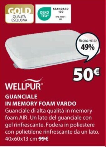 JYSK WELLPUR GUANCIALE IN MEMORY FOAM VARDO 40x60x13 cm offerta