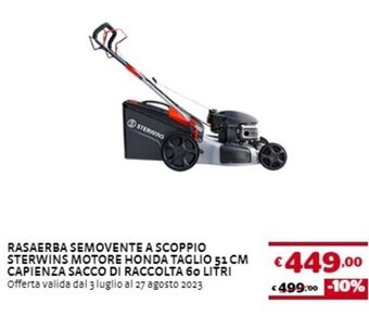 Bricocenter RASAERBA SEMOVENTE A SCOPPIO STERWINS MOTORE HONDA TAGLIO 51 CM CAPIENZA SACCO DI RACCOLTA 60 LITRI offerta