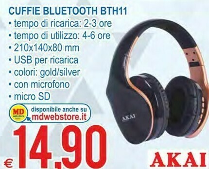 Akai BTH11 Headphones/headset Cuffie Casco Argento offerta di MD Discount