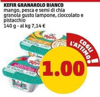 PENNY KEFIR GRANAROLO BIANCO mango, pesca e semi di chia granola gusto lampone, cioccolato e pistacchio 140 g offerta