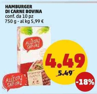 PENNY HAMBURGER DI CARNE BOVINA conf. da 10 pz 750 g offerta