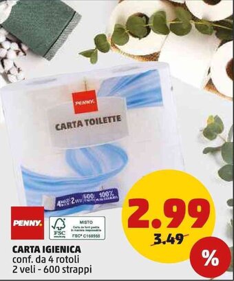 PENNY CARTA IGIENICA conf. da 4 rotoli 2 veli - 600 strappi offerta