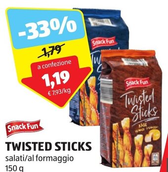 ALDI Snack Fun TWISTED STICKS salati/al formaggio 150 g offerta