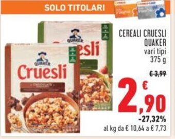 Conad CEREALI CRUESLI QUAKER vari tipi 375 g offerta