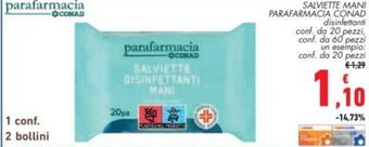 Conad SALVIETTE MANI PARAFARMACIA CONAD disinfettanti conf, da 20 pezzi, offerta