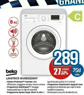 Beko WUX81232WI/IT Lavatrice Libera Installazione Caricamento Frontale 8 Kg 1200 Giri/min C Bianco