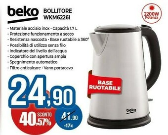 Expert Beko WKM 6226 I Bollitore Elettrico 1,7 L Nero, Acciaio Inossidabile 2200 W offerta
