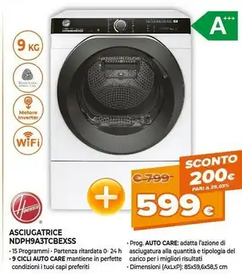 Expert Hoover H-DRY 500 NDPH9A3TCBEXMS-S Asciugatrice Libera Installazione Caricamento Frontale 9 Kg A+++ Bianco offerta