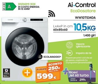 Expert Samsung WW10T534DAW Lavatrice 10kg Ecodosatore Ai Control Libera Installazione Caricamento Frontale 1400 Giri/min Bianco offerta