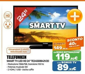Expert Telefunken Smart TV Led HD 24'' TE24550B42V2D offerta