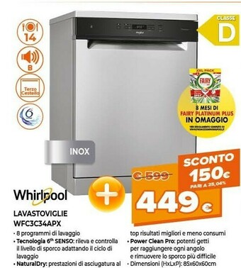 Expert Whirlpool WFC 3C34 AP X Lavastoviglie Libera Installazione 14 Coperti E offerta