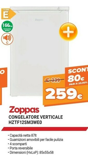 Expert Zoppas Congelatore Verticale HZTF12SM3WE0 offerta