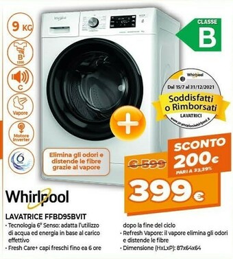Expert Whirlpool FFB D95 BV IT Lavatrice Libera Installazione Caricamento Frontale 9 Kg 1200 Giri/min B Bianco offerta