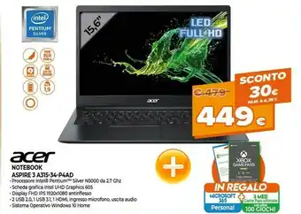 Expert Acer Aspire 3 A315-34-P4AD Computer Portatile 39,6 Cm (15.6") Full HD Intel® Pentium® Silver 8 GB DDR4-SDRAM 256 GB SSD Wi-Fi offerta