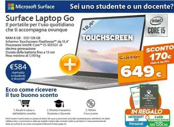 Expert Microsoft Surface Laptop Go Computer Portatile 31,6 Cm (12.4") Touch Screen Intel® Core™ I5 Di Decima Generazione 8 GB LPDDR4 offerta