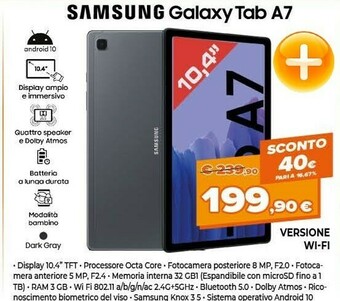Expert Samsung Galaxy Tab A7 32 GB 26,4 Cm (10.4") 3 GB Wi-Fi 5 (802.11ac) Grigio offerta