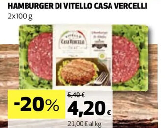 Coop HAMBURGER DI VITELLO CASA VERCELLI 2x100 g offerta