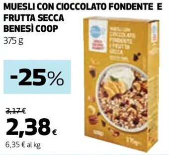Coop MUESLI CON CIOCCOLATO FONDENTE E FRUTTA SECCA BENESÌ COOP 375 g offerta