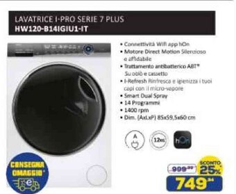 Euronics LAVATRICE I-PRO SERIE 7 PLUS HW120-B14IGIU1-IT offerta