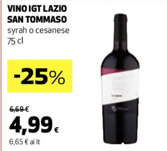 Coop VINO IGT LAZIO SAN TOMMASO syrah o cesanese 75 cl offerta