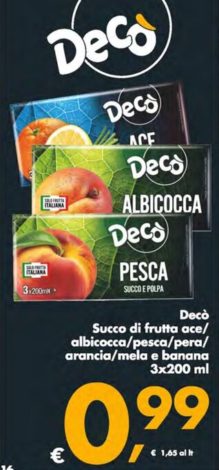Deco Supermercati Decò Succo di frutta ace/ albicocca/pesca/pera/ arancia/mela e banana 3x200 ml offerta