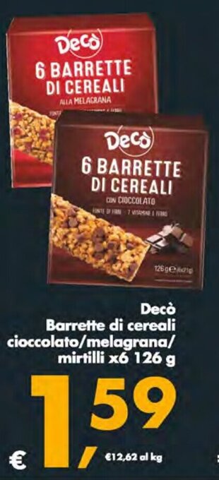 Deco Supermercati Decò Barrette di cereali cioccolato/melagrana/ mirtilli x6 126 g offerta