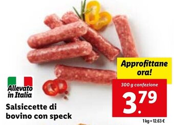 Lidl Allevato in Italia Salsiccette di bovino con speck 300 g confezione offerta