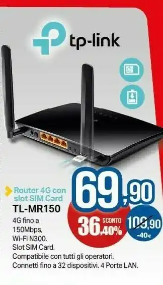 Expert Tp Link TP-LINK TL-MR150 Router Wireless Banda Singola (2.4 GHz) Fast Ethernet 3G 4G Nero offerta