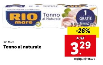 Lidl Rio Mare Tonno al naturale 4x 56g offerta