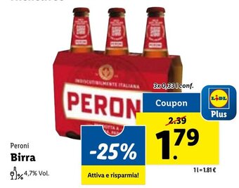 Lidl Peroni Birra 3x0,33 l conf. offerta
