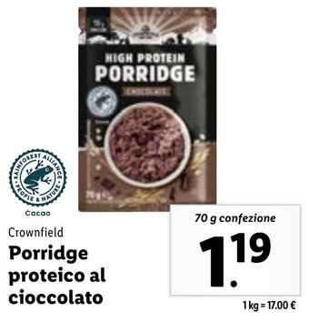 Lidl Crownfield Porridge proteico al cioccolato 70 g confezione offerta