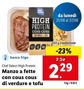 Lidl Chef Select High Protein Manzo a fette con cous cous di verdure e tofu 250 g confezione offerta