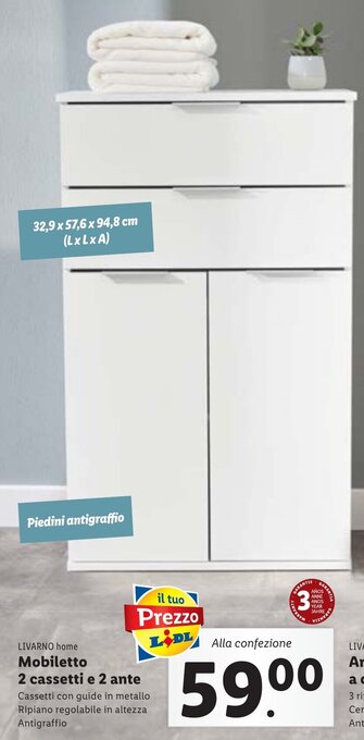 Lidl LIVARNO home Mobiletto 2 cassetti e 2 ante Cassetti con guide in metallo Ripiano regolabile in altezza Antigraffio offerta