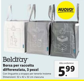 Lidl Beldray Borsa per raccolta differenziata, 3 pezzi Con linguette a strappo per tenerle insieme Dimensioni: 32x42x32cm ciascuna offerta