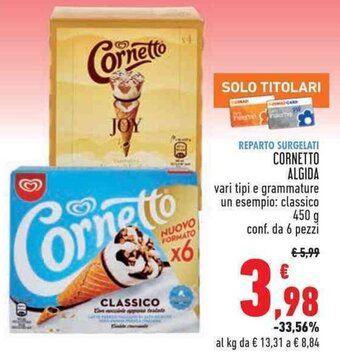 Conad CORNETTO ALGIDA vari tipi e grammature un esempio: classico 450 g conf. da 6 pezzi offerta