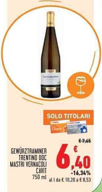 Conad GEWÜRZTRAMINER TRENTINO DOC MASTRI VERNACOLI CAVIT 750 ml offerta