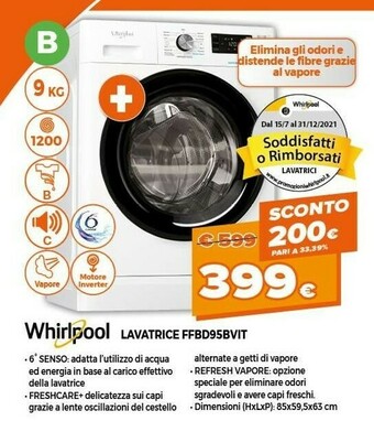 Expert Whirlpool FFB D95 BV IT Lavatrice Libera Installazione Caricamento Frontale 9 Kg 1200 Giri/min B Bianco offerta