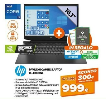 Expert HP Pavilion Gaming 16-a0021nl Computer Portatile 40,9 Cm (16.1") Full HD Intel® Core™ I7 Di Decima Generazione 16 GB DDR4-SDR offerta