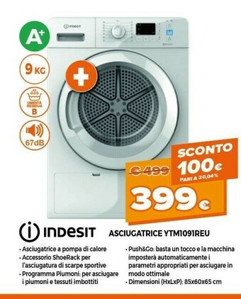 Expert Indesit YTM1091REU Asciugatrice Libera Installazione Caricamento Frontale 9 Kg A+ Bianco offerta