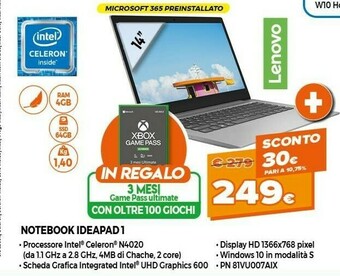 Expert Lenovo IdeaPad 1 DDR4-SDRAM Computer Portatile 35,6 Cm (14") 1920 X 1080 Pixel 4 GB 64 GB EMMC Wi-Fi 5 (802.11ac) Windows 10 offerta