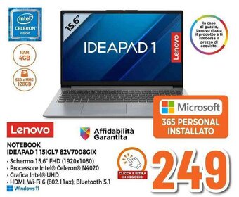 Expert Lenovo NOTEBOOK IDEAPAD 1 15IGL7 82V7008GIX offerta