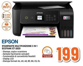 Expert EPSON STAMPANTE MULTIFUNZIONE 3 IN 1 ECOTANK ET-2820 offerta