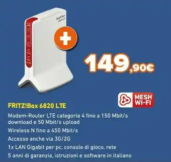 Expert AVM FRITZ!Box 6820 LTE Router Wireless Banda Singola (2.4 GHz) Gigabit Ethernet 3G 4G Bianco offerta