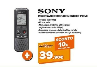 Expert Sony Registratore Digitale Mono ICD-PX240 offerta